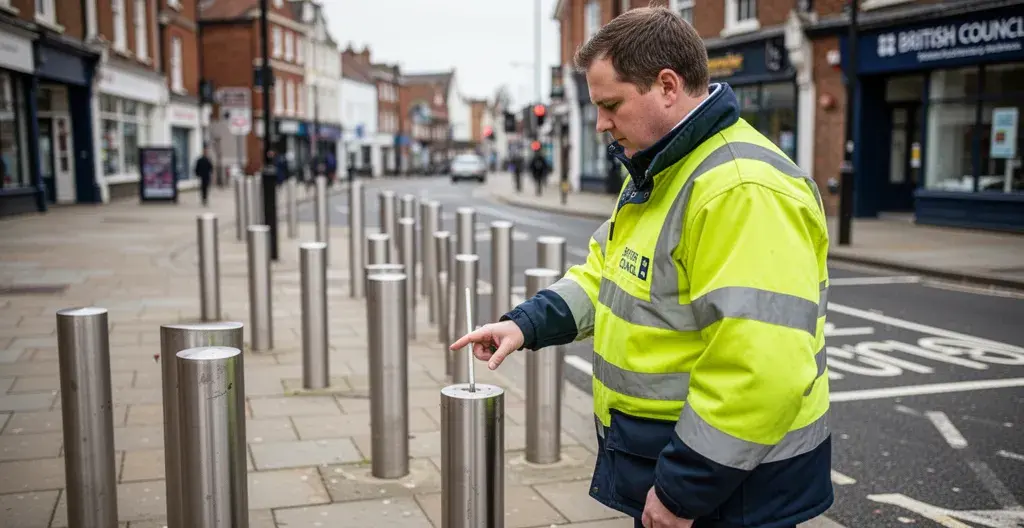 Highways officer checking safety bollard spacing in pedestrian zone