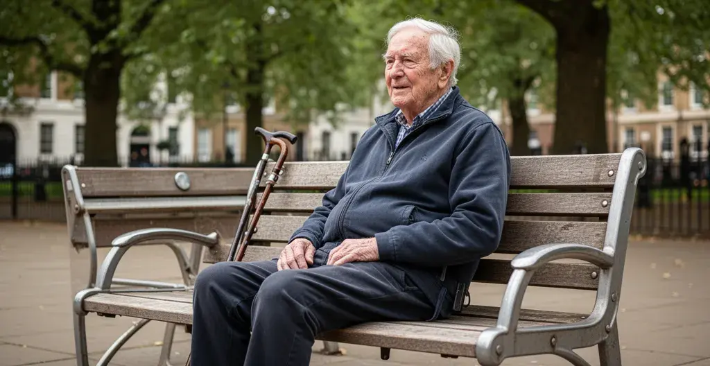 Elderly man resting on accessible timber bench with armrests in British park