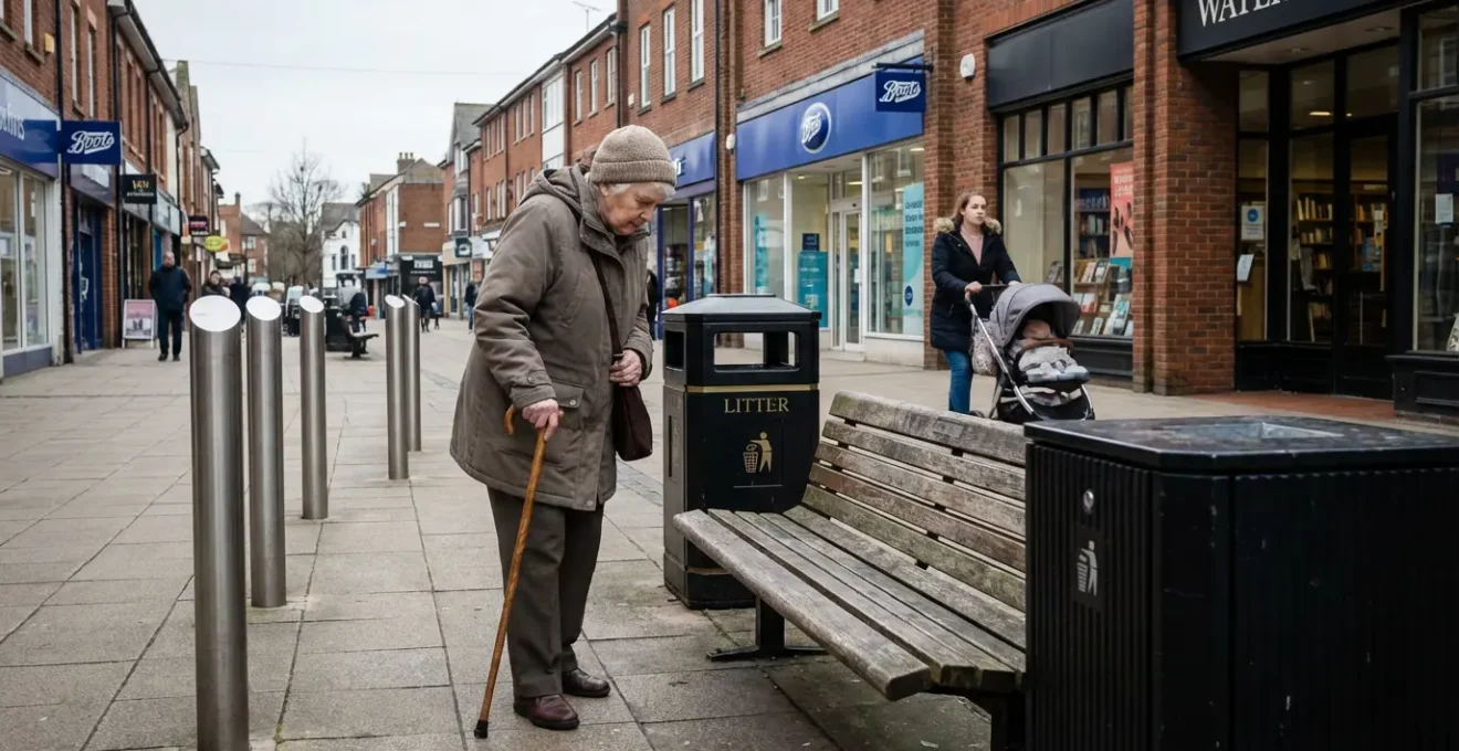 British pedestrianised high street with accessible bench and safety bollards in use