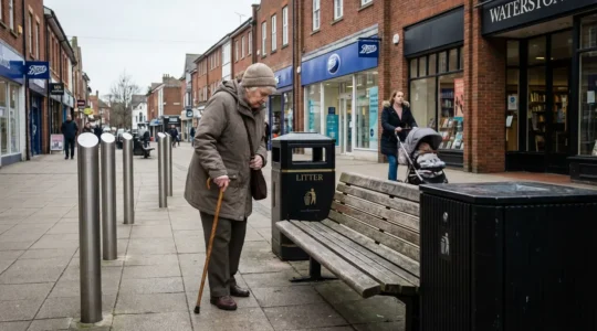 British pedestrianised high street with accessible bench and safety bollards in use